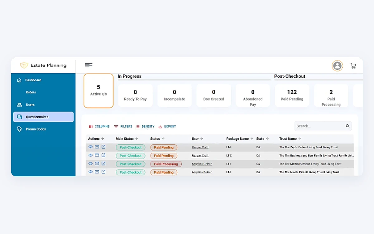 A Dashboard screen